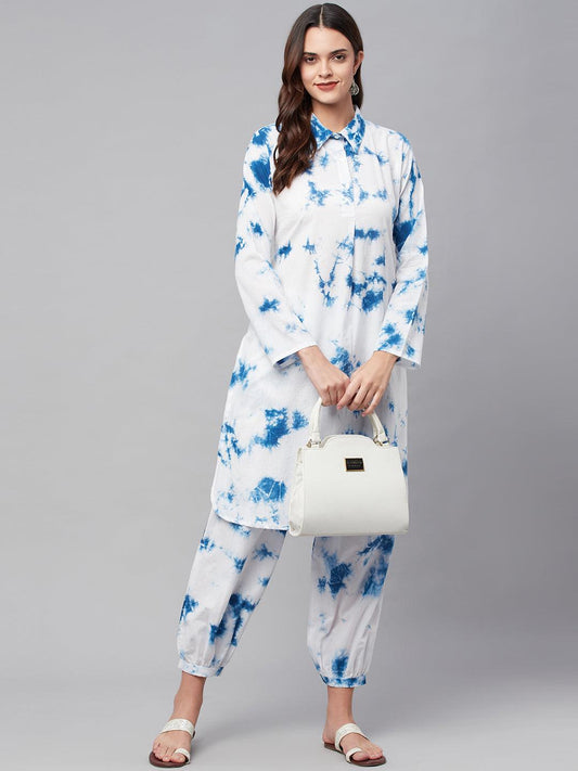  Blue Cotton Shirt Style Kurta Hem Cuffed Pant Set 