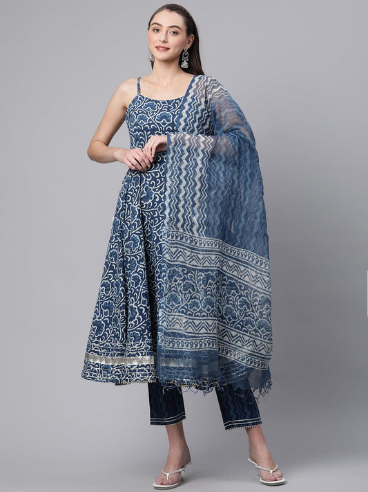  Indigo Hand Block Printed Anarkali Kurta Pant Set with Dupatta - world.com