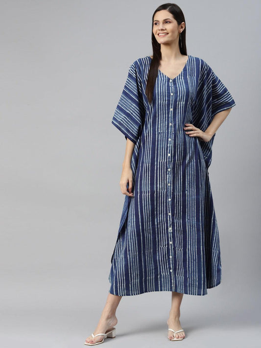  Blue Hand Block Printed Striped Kaftan Dress 