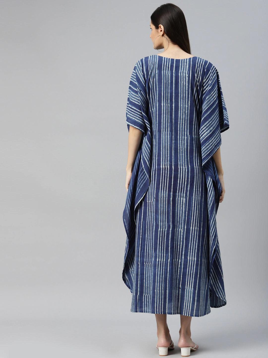  Blue Hand Block Printed Striped Kaftan Dress 