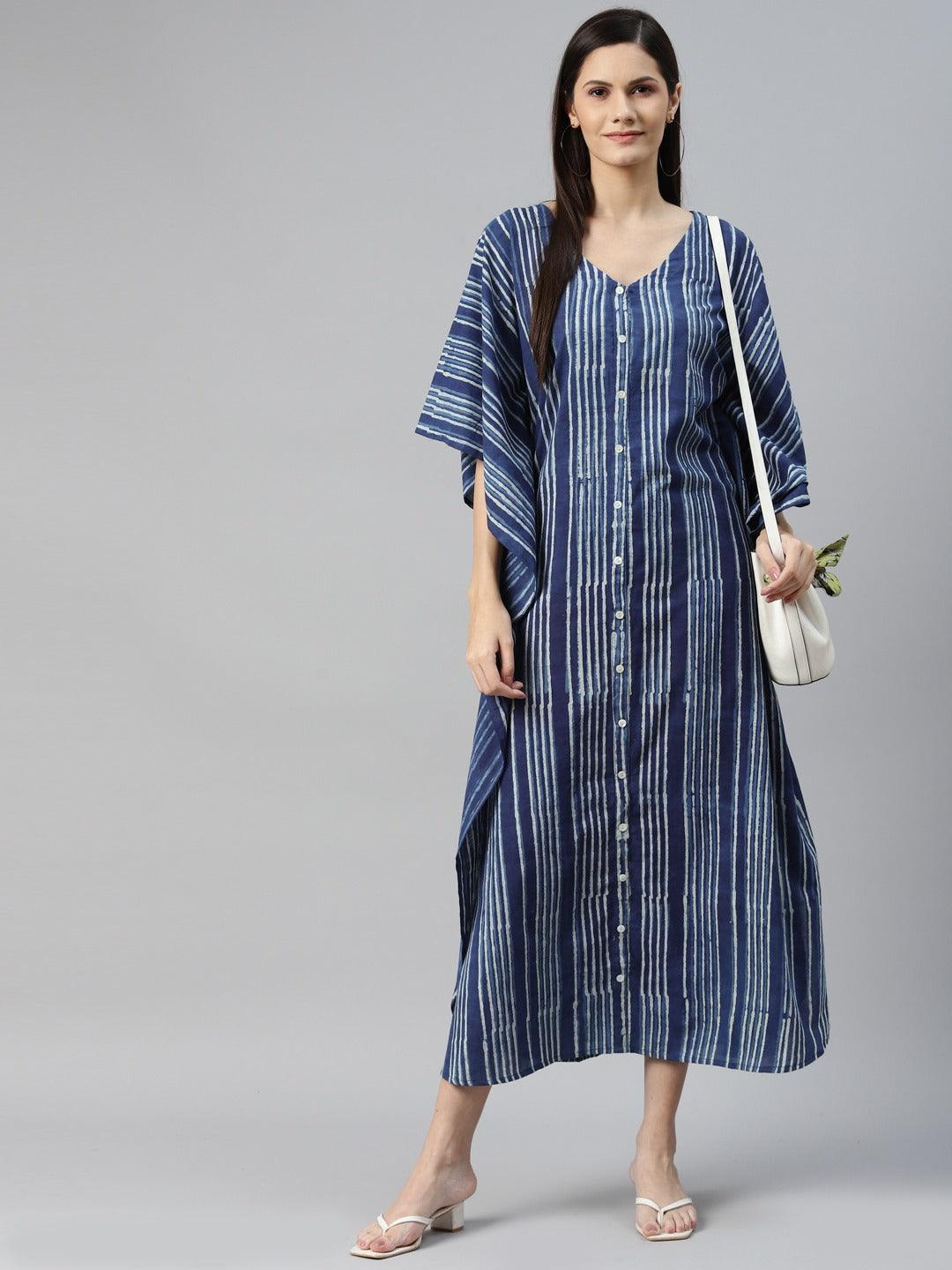  Blue Hand Block Printed Striped Kaftan Dress 