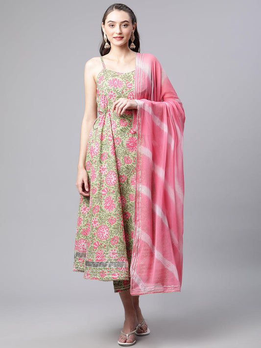  Green Floral Printed Anarkali Kurta Pant Set with Dupatta - world.com