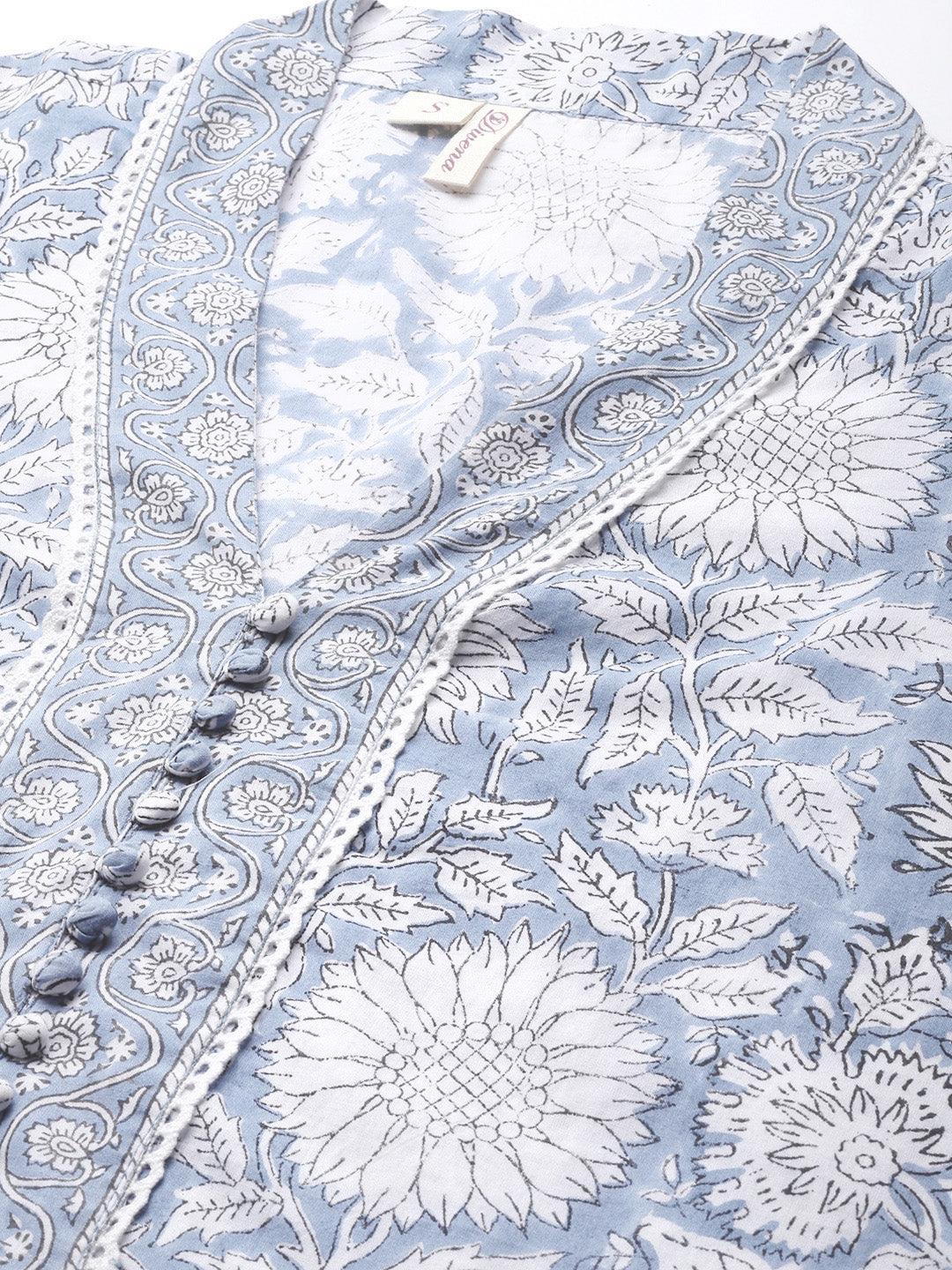  Sky blue Hand Block Printed Straight kurta Pant Set with Dupatta 