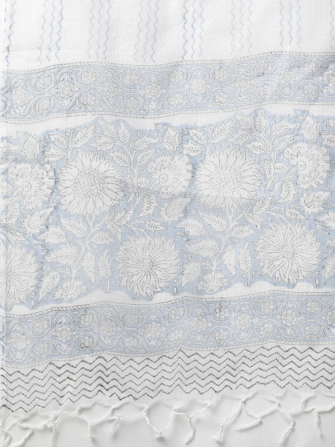  Sky blue Hand Block Printed Straight kurta Pant Set with Dupatta 