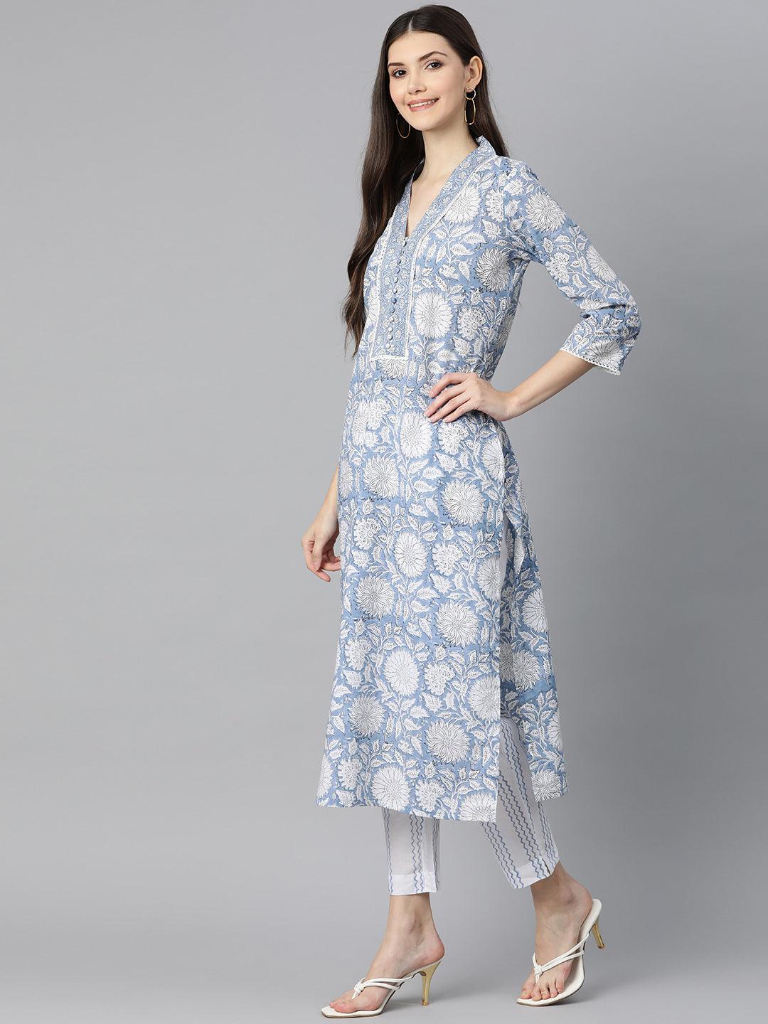  Sky blue Hand Block Printed Straight kurta Pant Set with Dupatta 