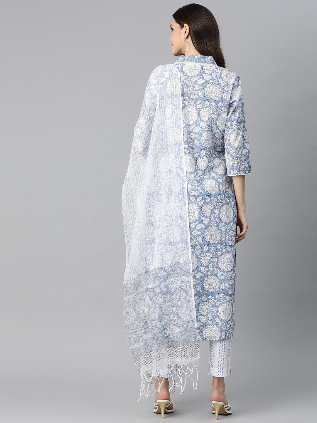  Sky blue Hand Block Printed Straight kurta Pant Set with Dupatta 