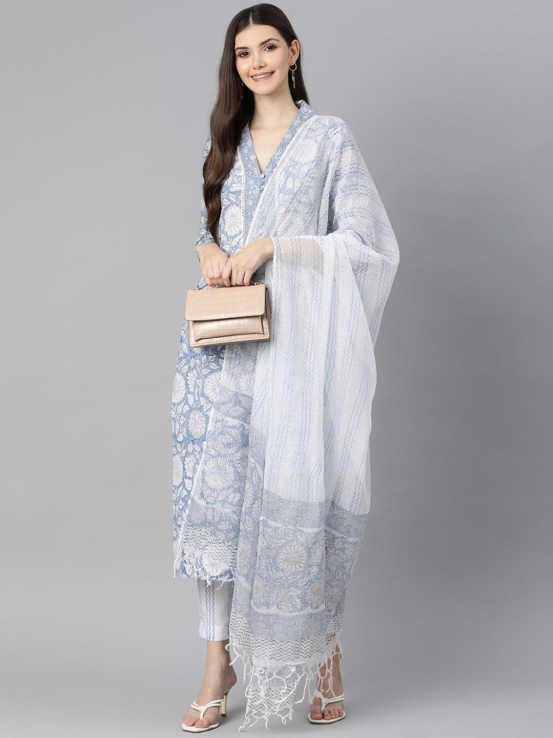  Sky blue Hand Block Printed Straight kurta Pant Set with Dupatta 