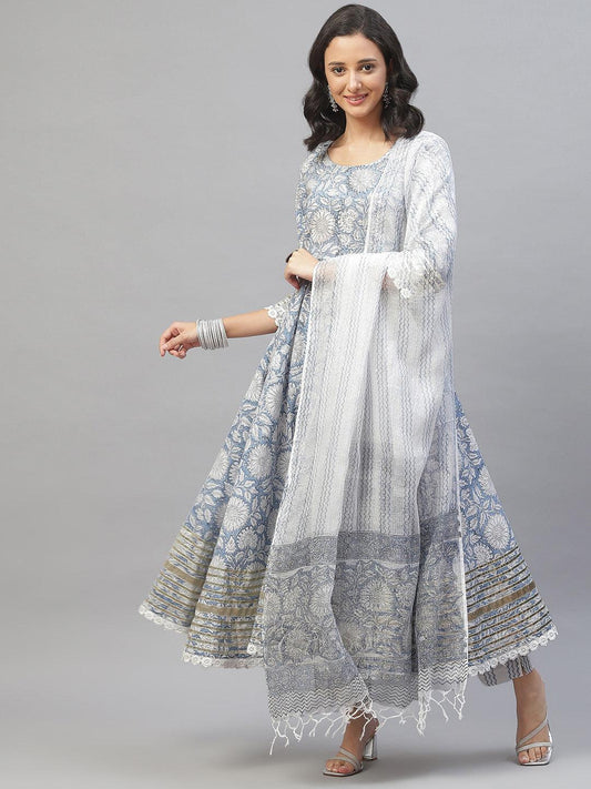  Sky blue Hand Block Printed Anarkali kurta Pant Set with Dupatta 