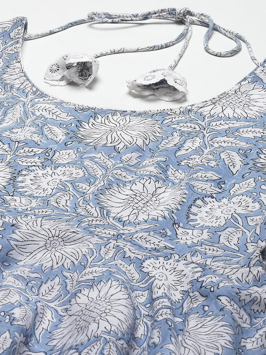  Sky blue Hand Block Printed Anarkali kurta Pant Set with Dupatta 