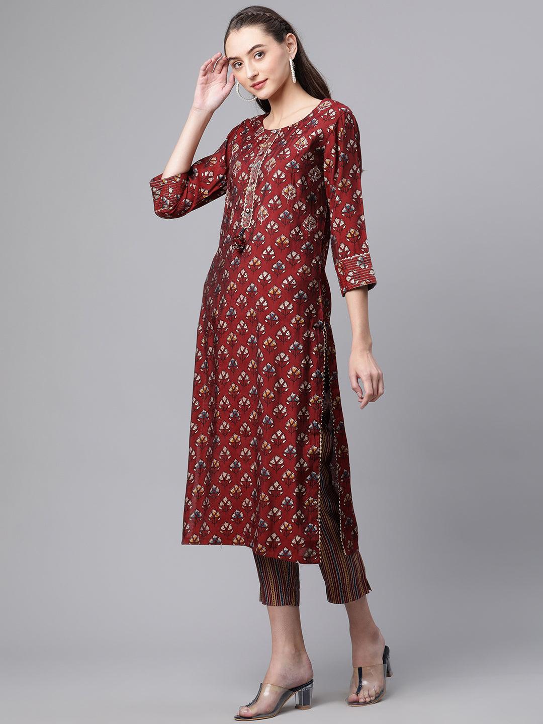  Maroon Chanderi Kurta pant set - world.com
