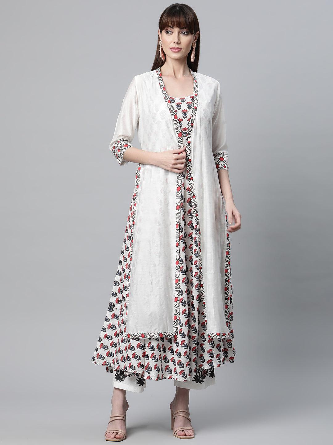  White Floral Kurta Pant Set with Chanderi Shurg