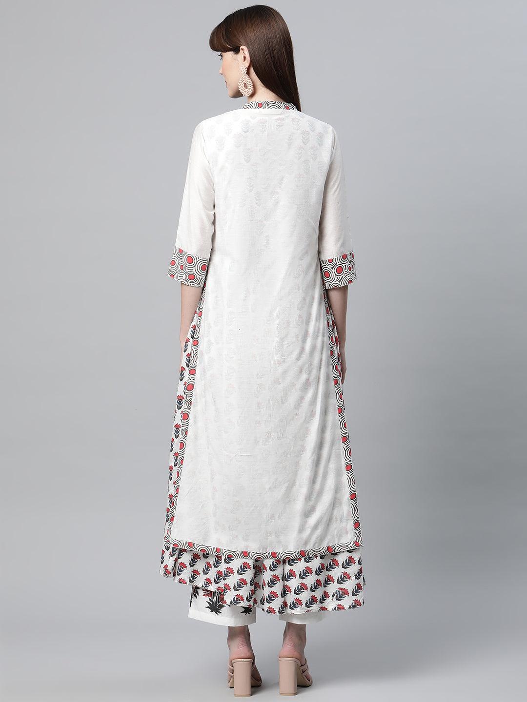  White Floral Kurta Pant Set with Chanderi Shurg