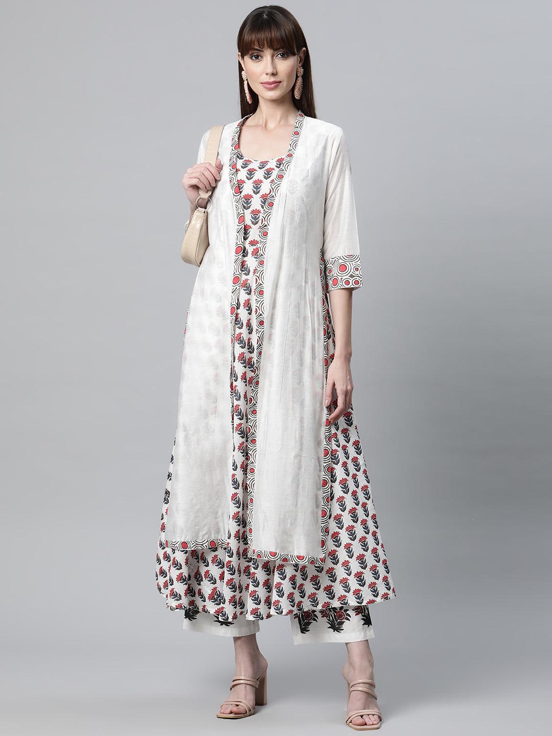  White Floral Kurta Pant Set with Chanderi Shurg