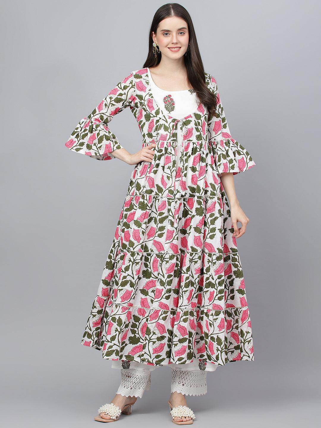  White Floral Cotton Anarkali Kurta with Jacket 