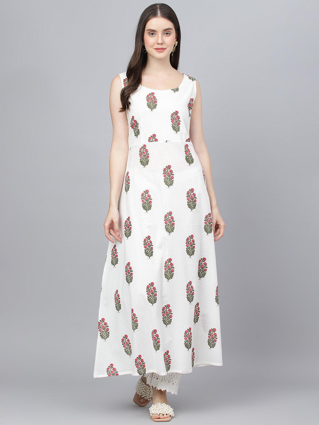  White Floral Cotton Anarkali Kurta with Jacket 