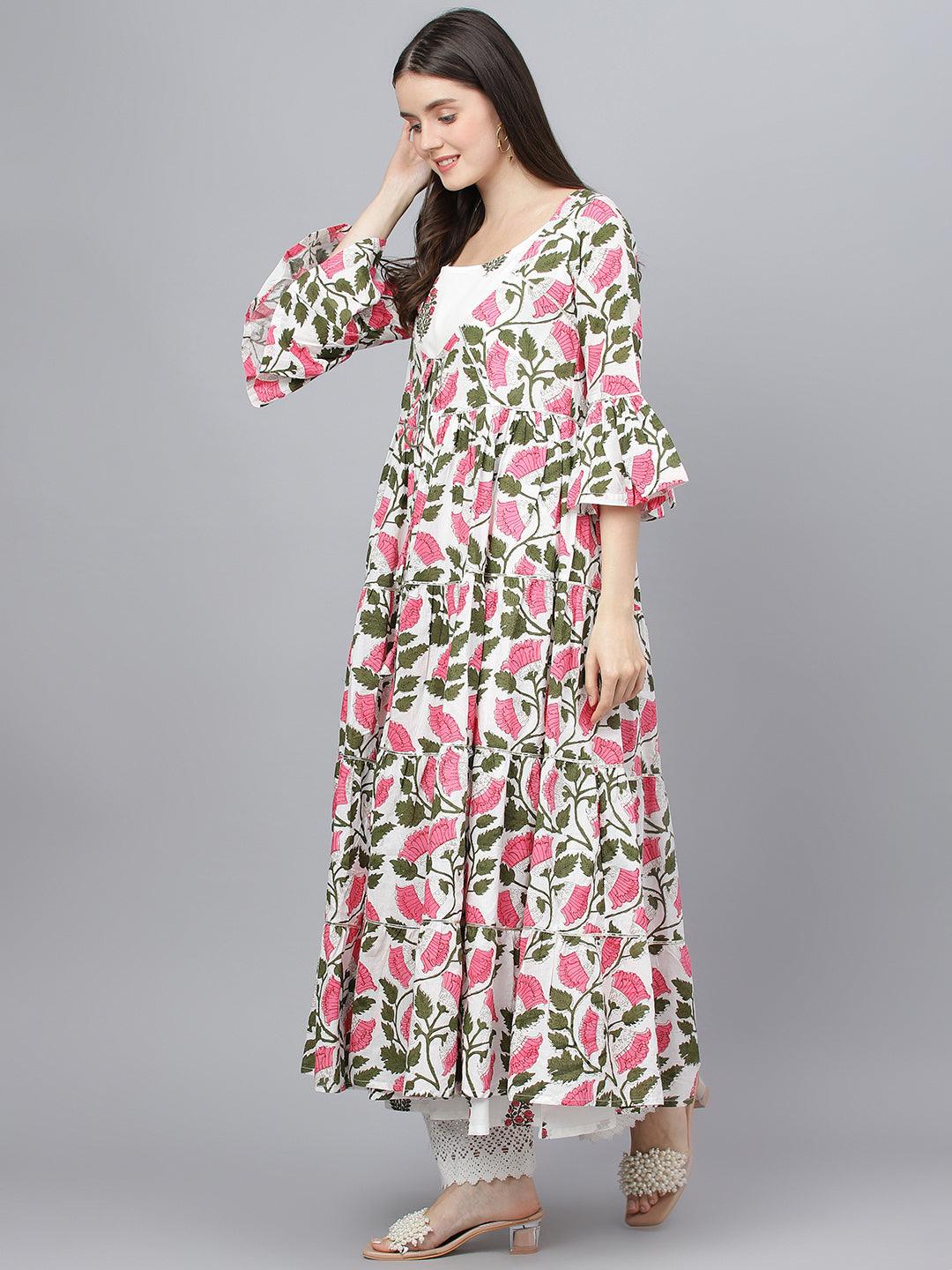  White Floral Cotton Anarkali Kurta with Jacket 