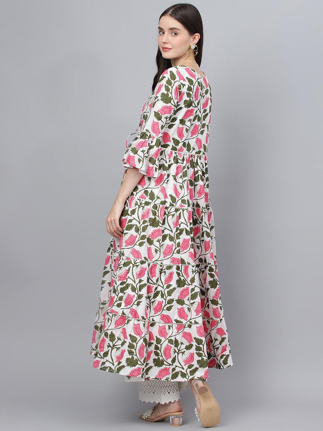  White Floral Cotton Anarkali Kurta with Jacket 
