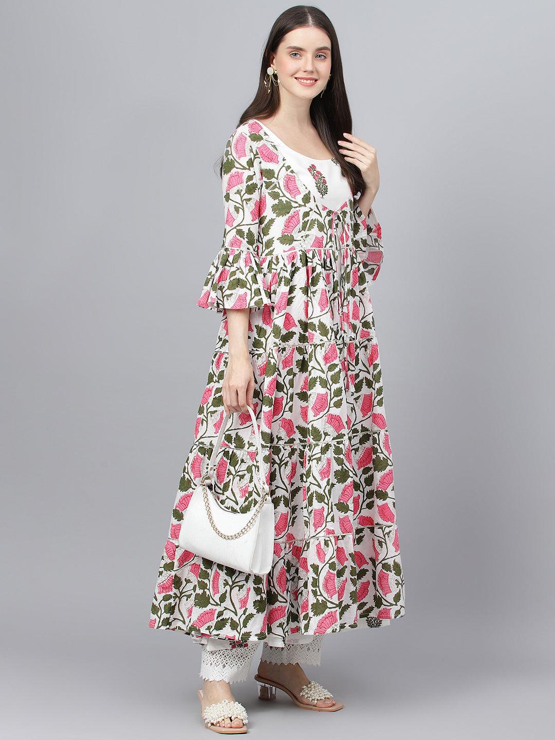  White Floral Cotton Anarkali Kurta with Jacket 