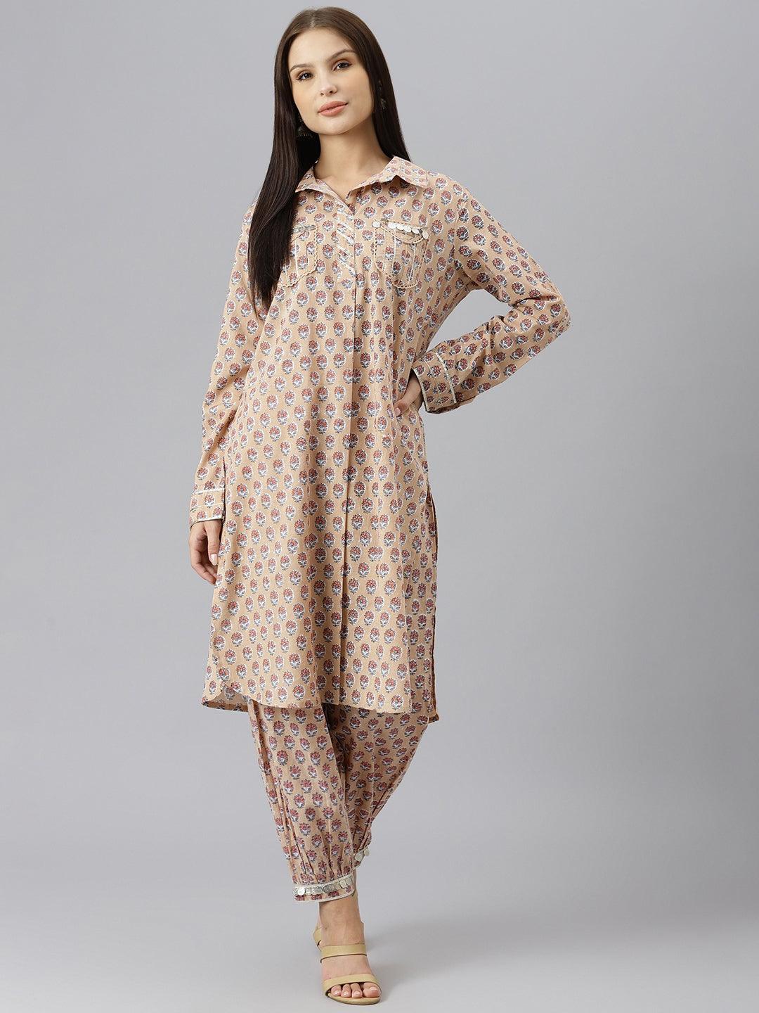  Beige Cotton Shirt Style Kurta Hem Cuffed Pant Co-ord Set  