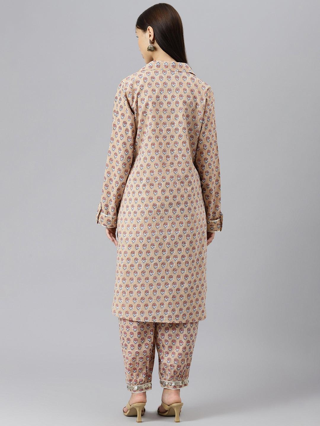  Beige Cotton Shirt Style Kurta Hem Cuffed Pant Co-ord Set  