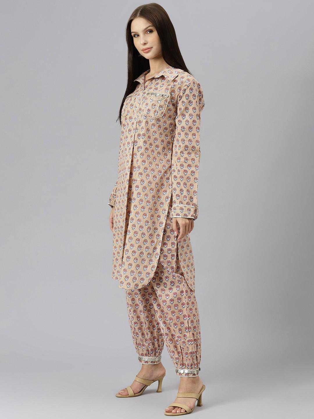  Beige Cotton Shirt Style Kurta Hem Cuffed Pant Co-ord Set  