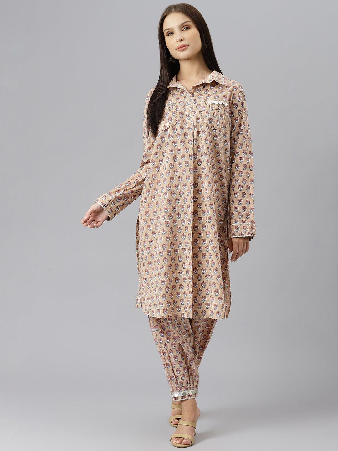  Beige Cotton Shirt Style Kurta Hem Cuffed Pant Co-ord Set  