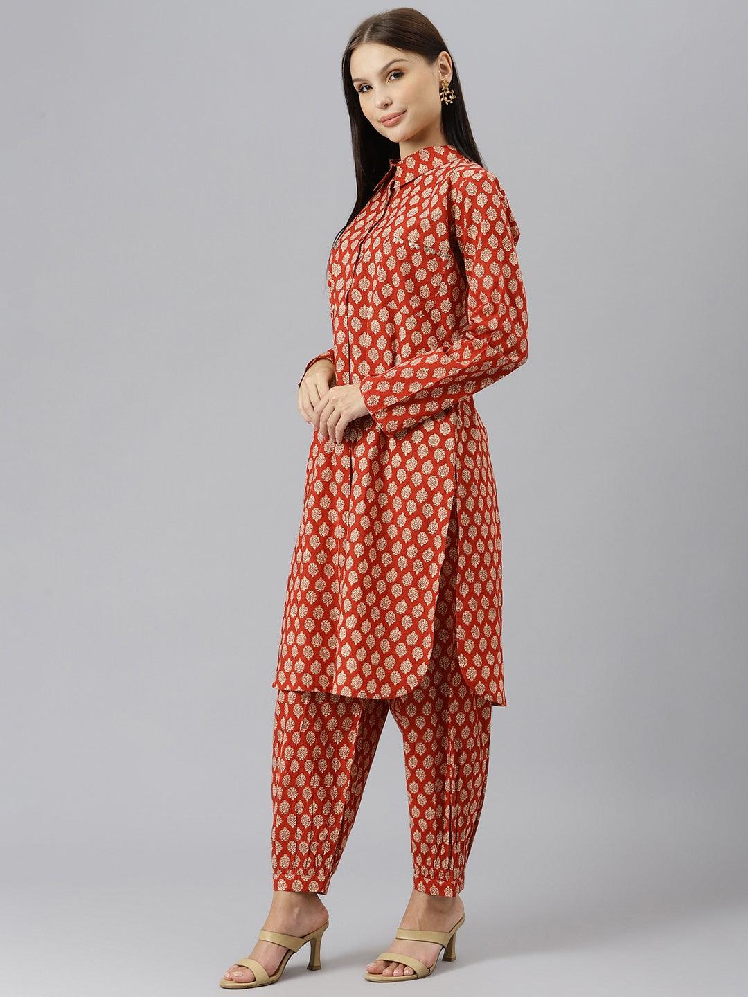  Maroon Cotton Shirt Style Kurta Hem Cuffed Pant Co-ord Set  