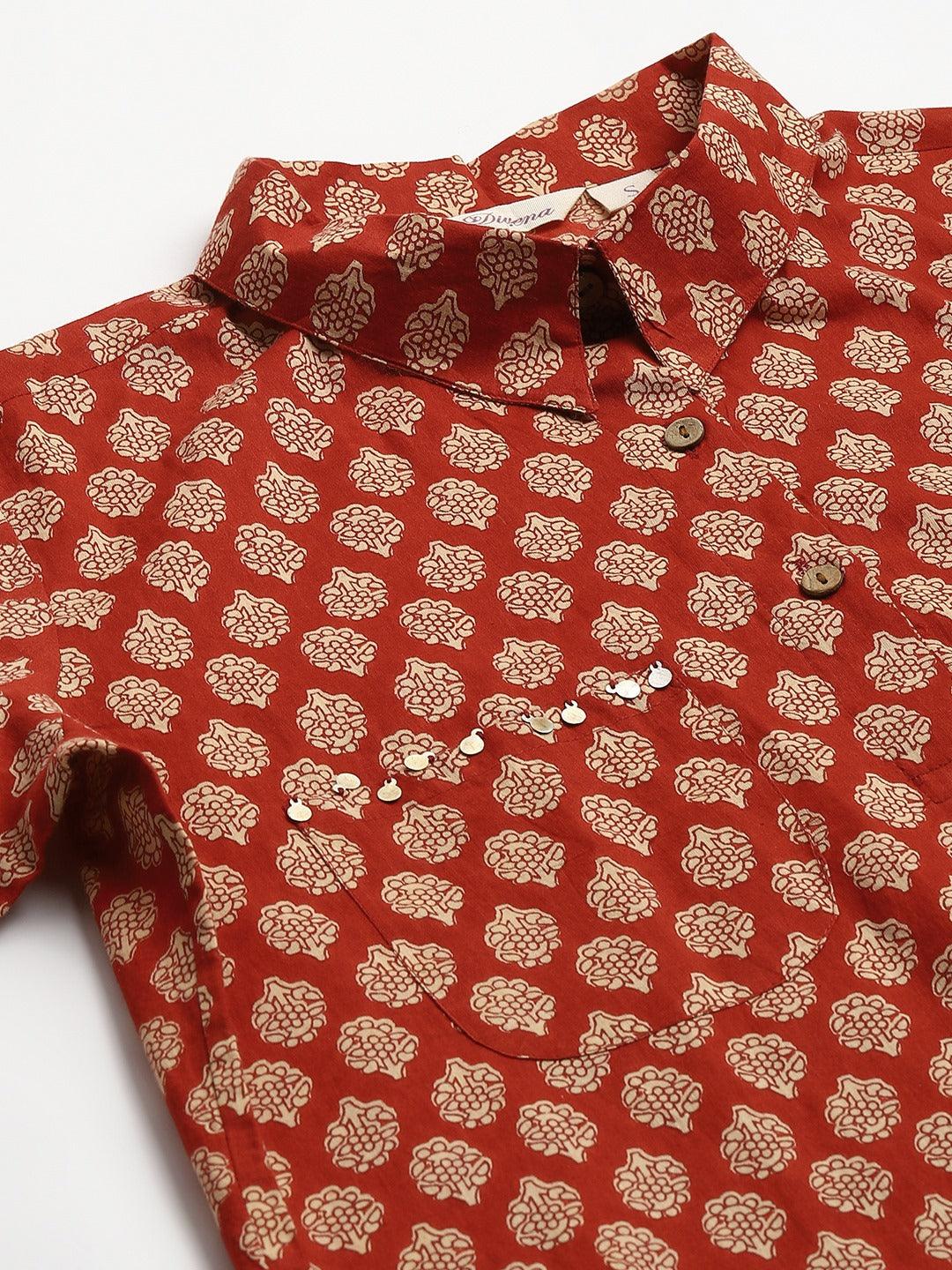  Maroon Cotton Shirt Style Kurta Hem Cuffed Pant Co-ord Set  