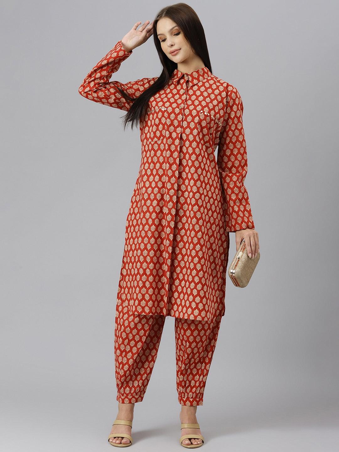  Maroon Cotton Shirt Style Kurta Hem Cuffed Pant Co-ord Set  