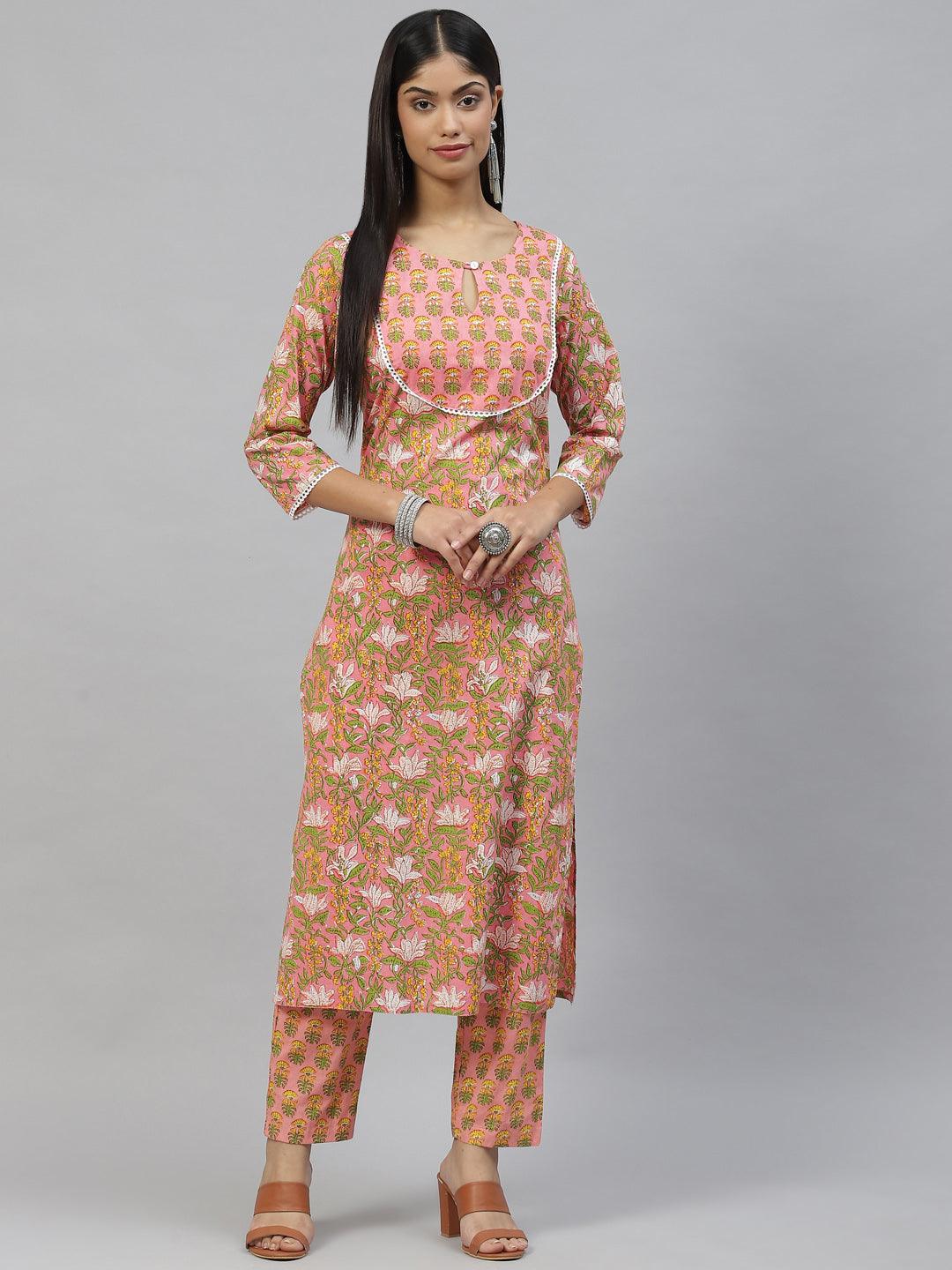  Pink Floral Cotton Kurta Pant Set  