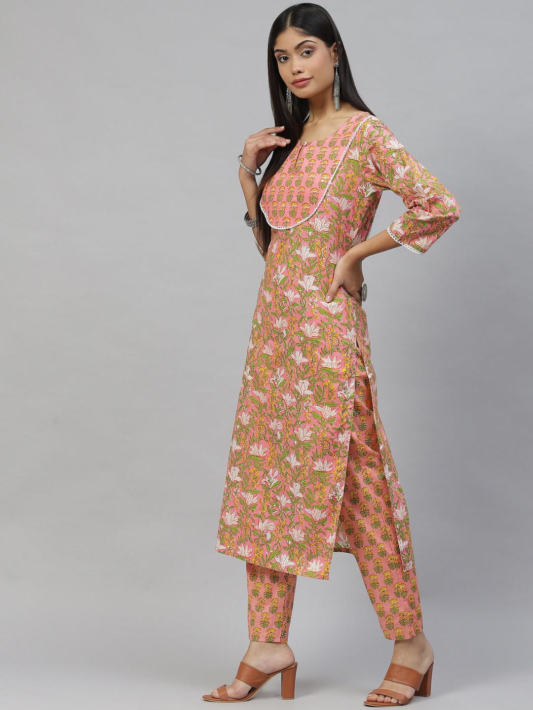  Pink Floral Cotton Kurta Pant Set  