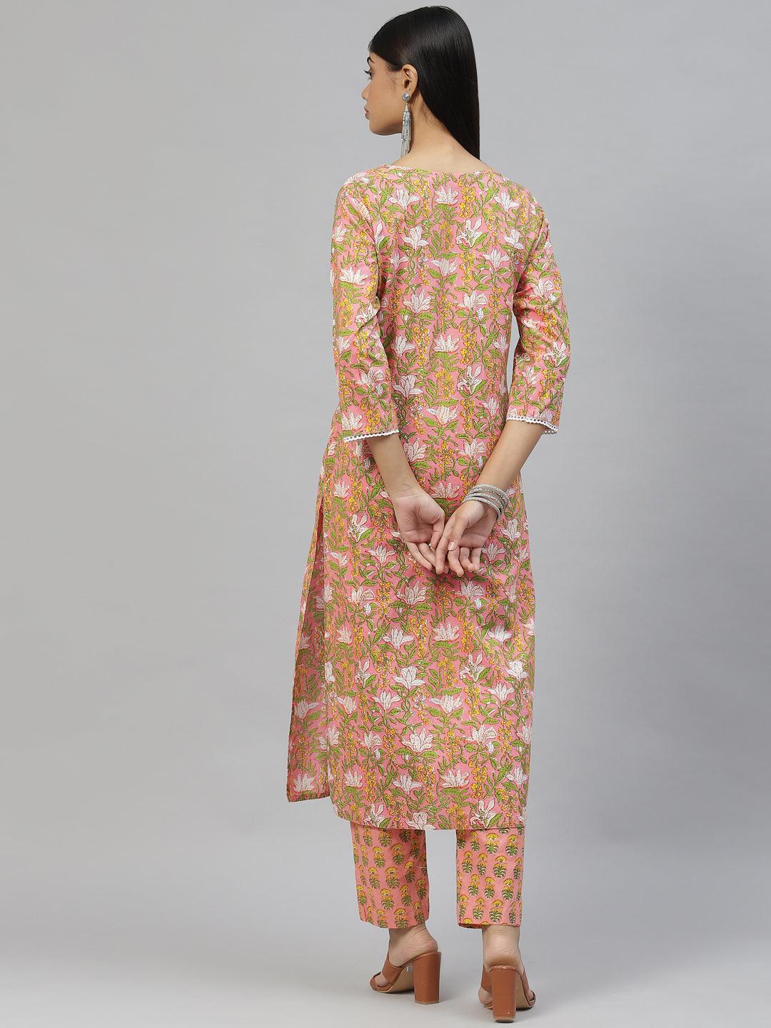  Pink Floral Cotton Kurta Pant Set  