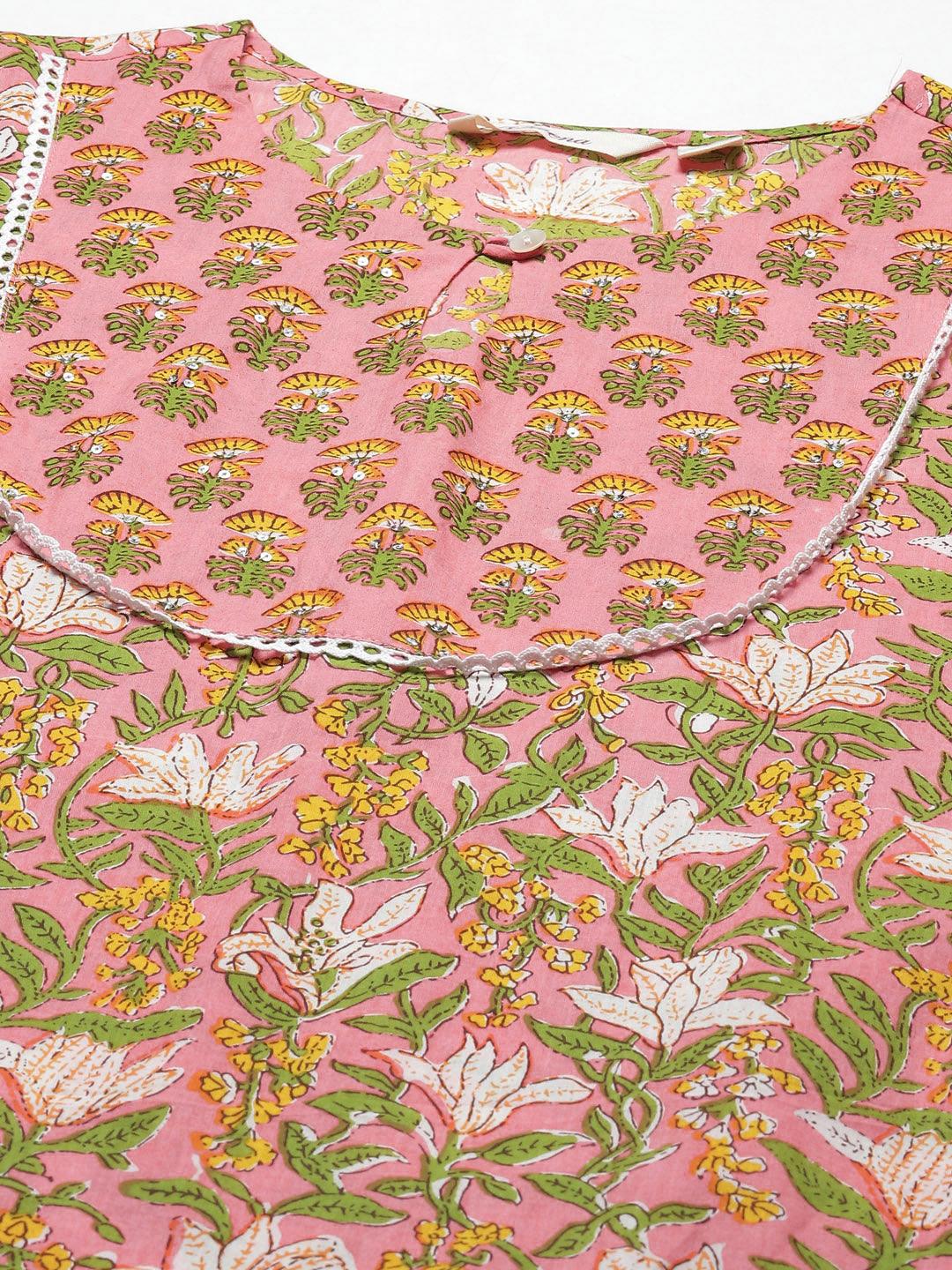  Pink Floral Cotton Kurta Pant Set  