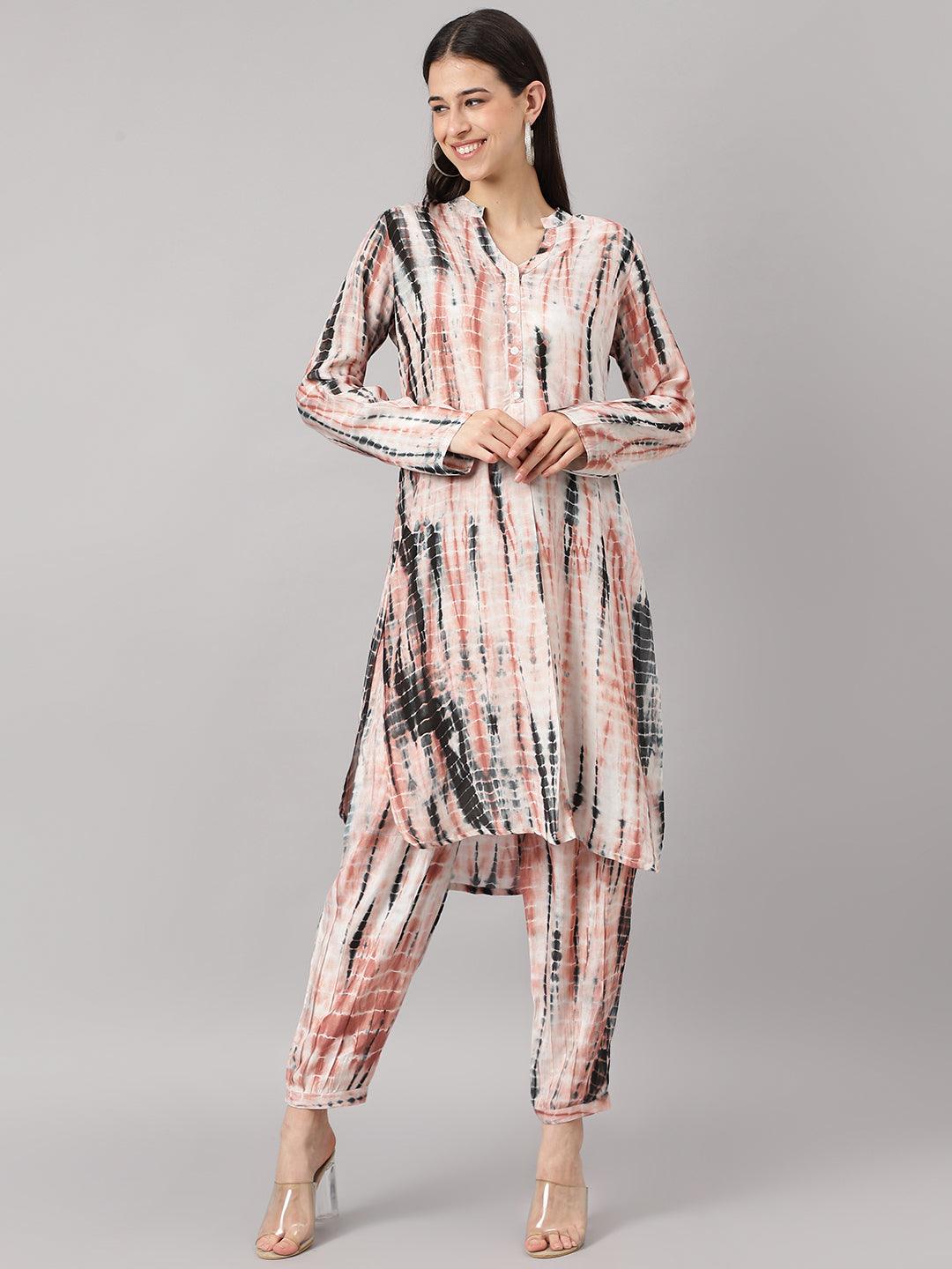  Cream Muslin Tie and Dye Kurta with Ham Cuffed Pant Set 
