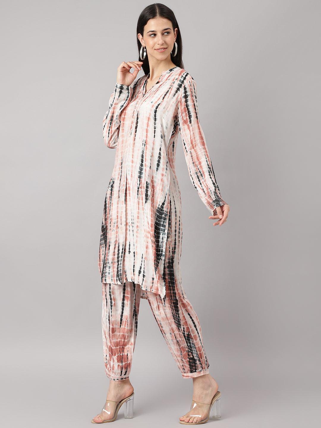  Cream Muslin Tie and Dye Kurta with Ham Cuffed Pant Set 