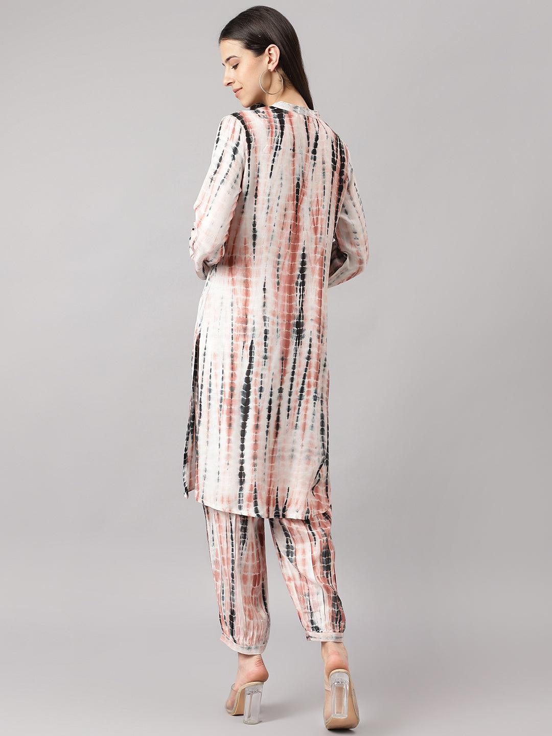  Cream Muslin Tie and Dye Kurta with Ham Cuffed Pant Set 
