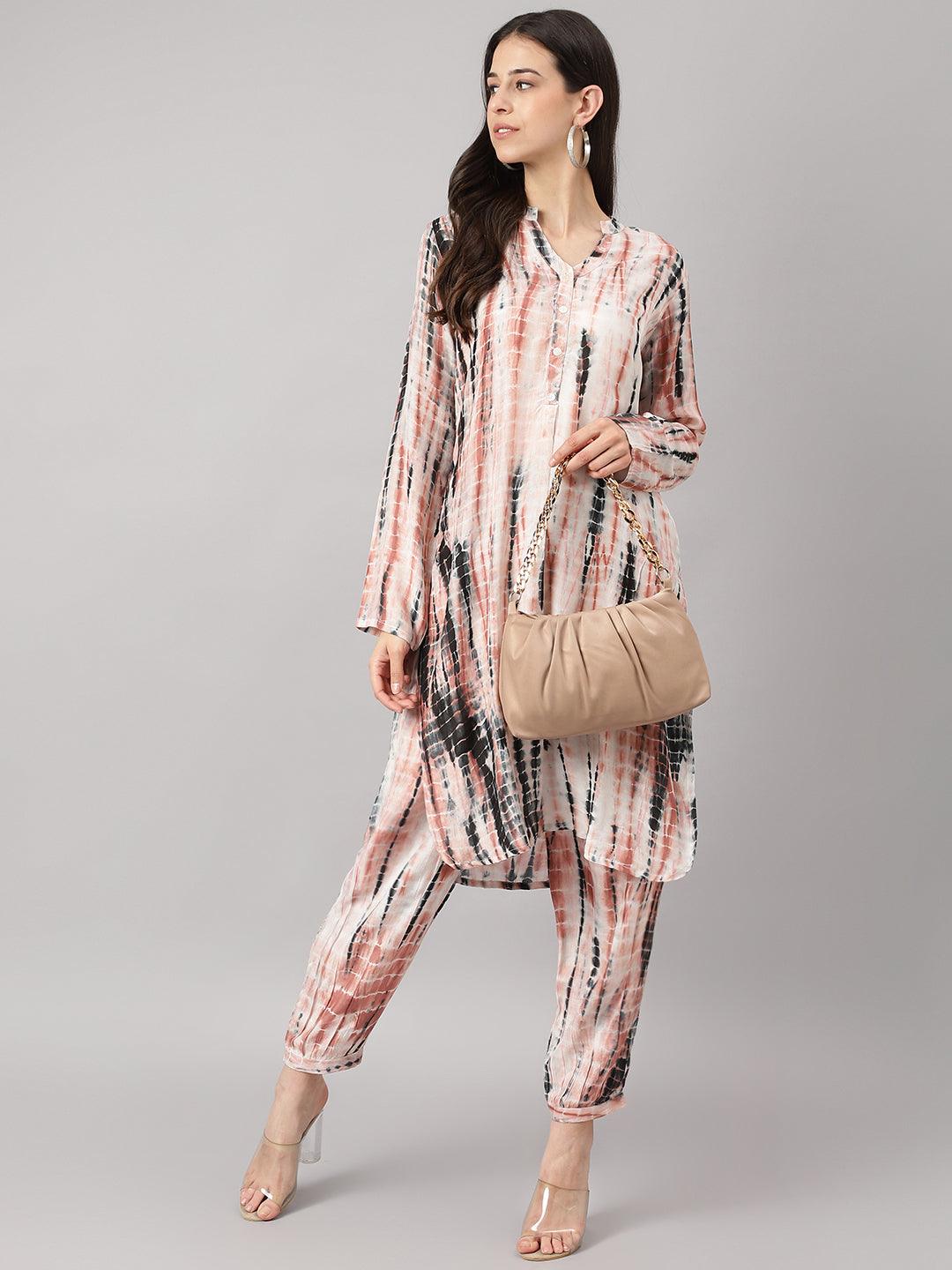  Cream Muslin Tie and Dye Kurta with Ham Cuffed Pant Set 