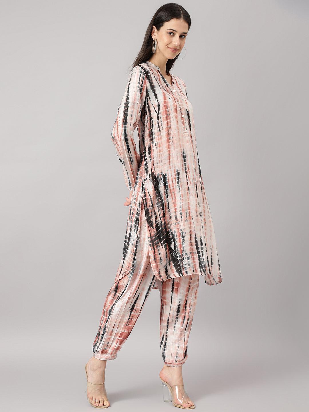  Cream Muslin Tie and Dye Kurta with Ham Cuffed Pant Set 
