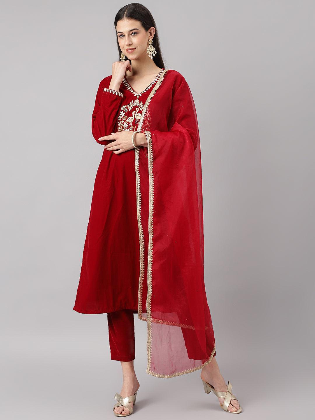   Maroon Solid Valvet hand work Kurta pant With Organza Dupatta set 