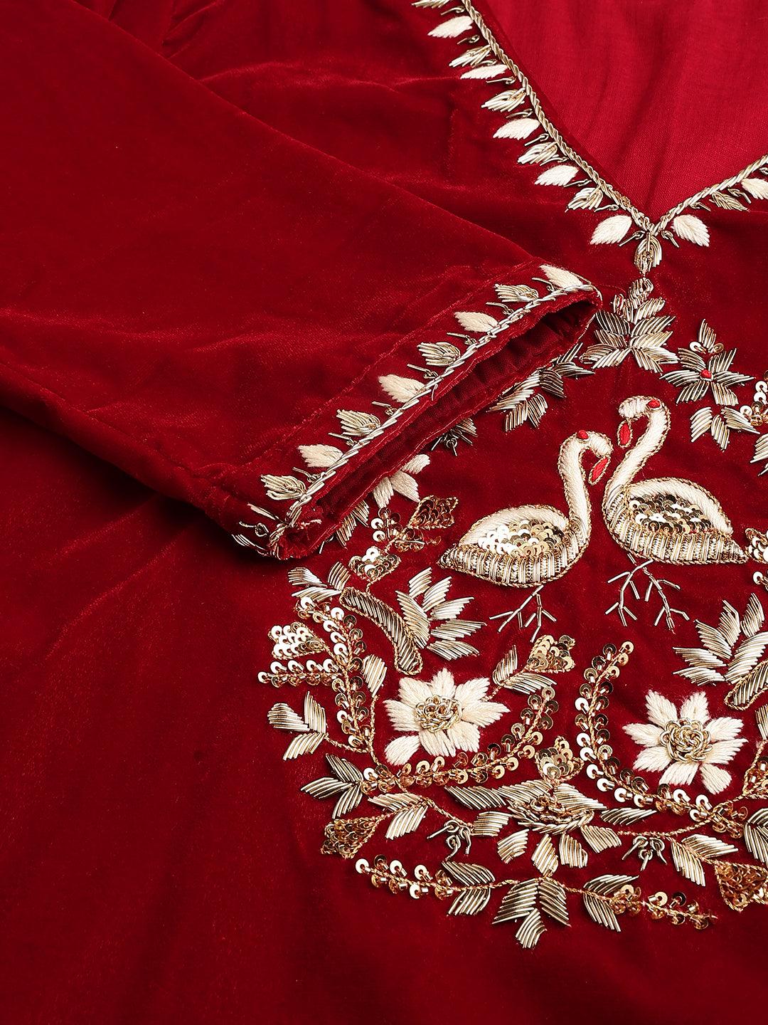   Maroon Solid Valvet hand work Kurta pant With Organza Dupatta set 