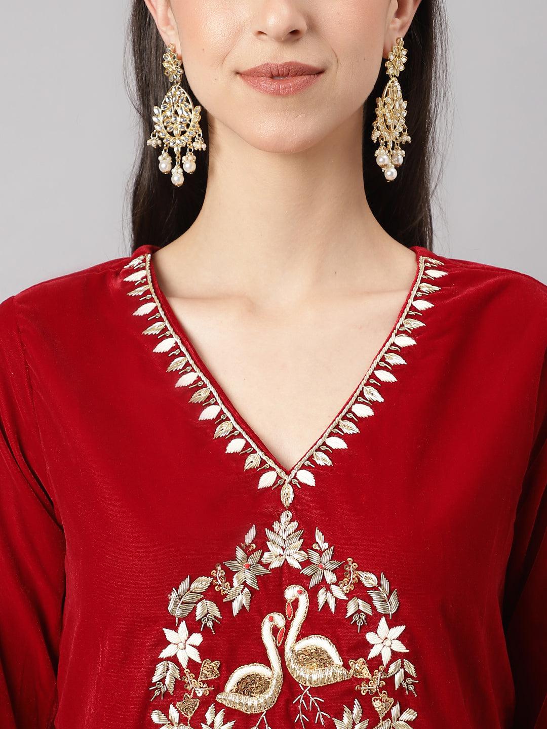   Maroon Solid Valvet hand work Kurta pant With Organza Dupatta set 
