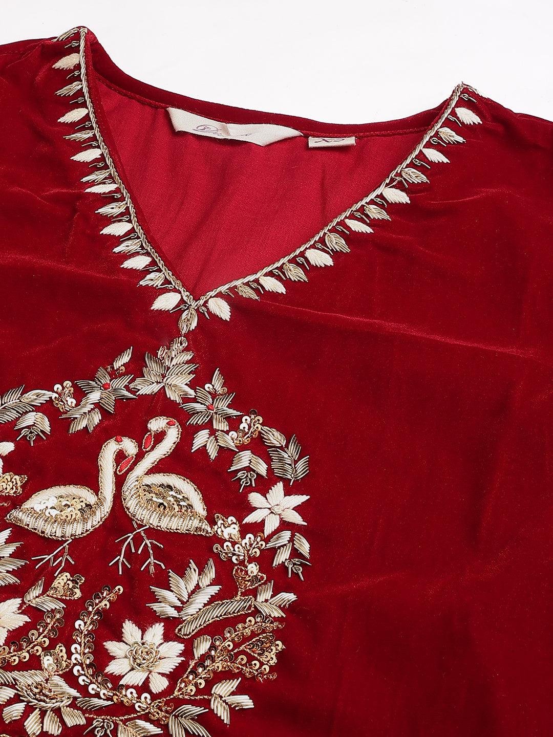   Maroon Solid Valvet hand work Kurta pant With Organza Dupatta set 