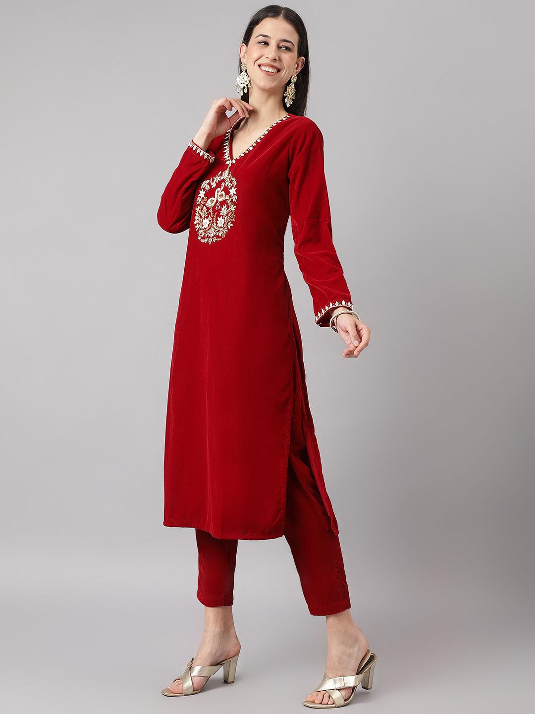   Maroon Solid Valvet hand work Kurta pant With Organza Dupatta set 