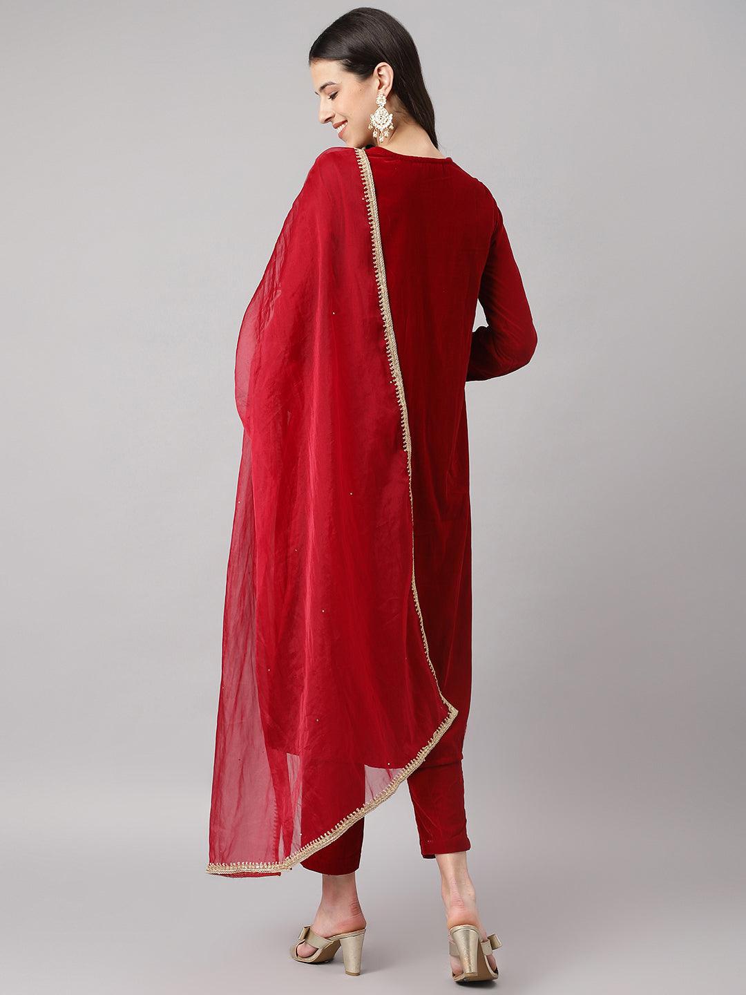   Maroon Solid Valvet hand work Kurta pant With Organza Dupatta set 