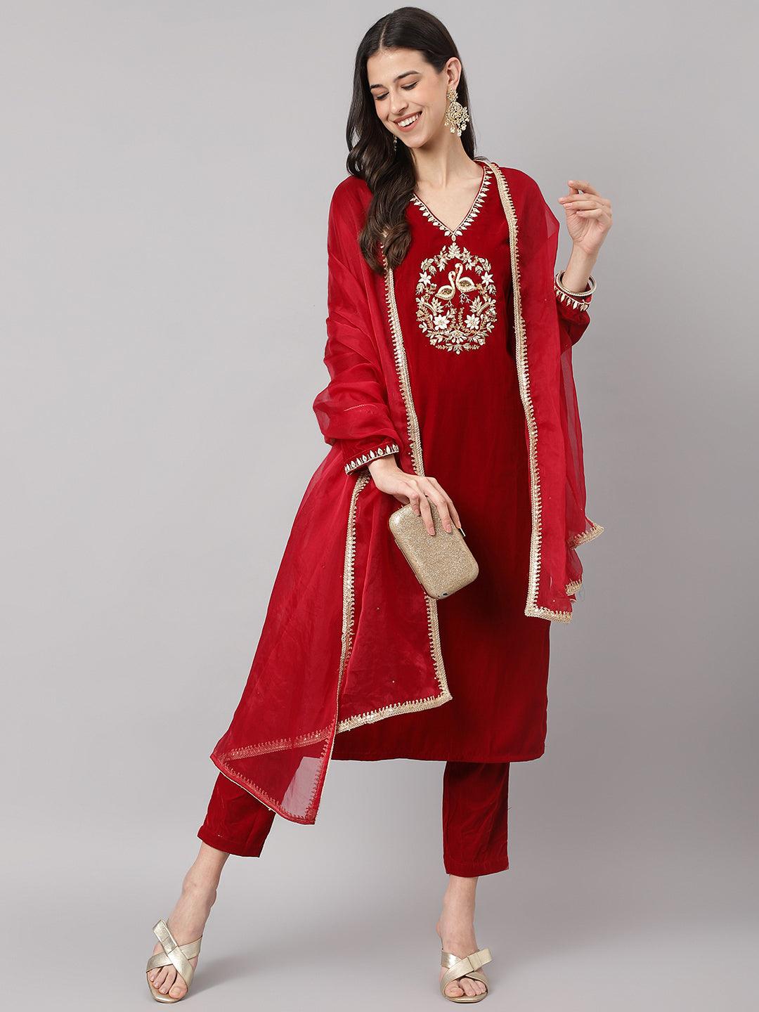   Maroon Solid Valvet hand work Kurta pant With Organza Dupatta set 