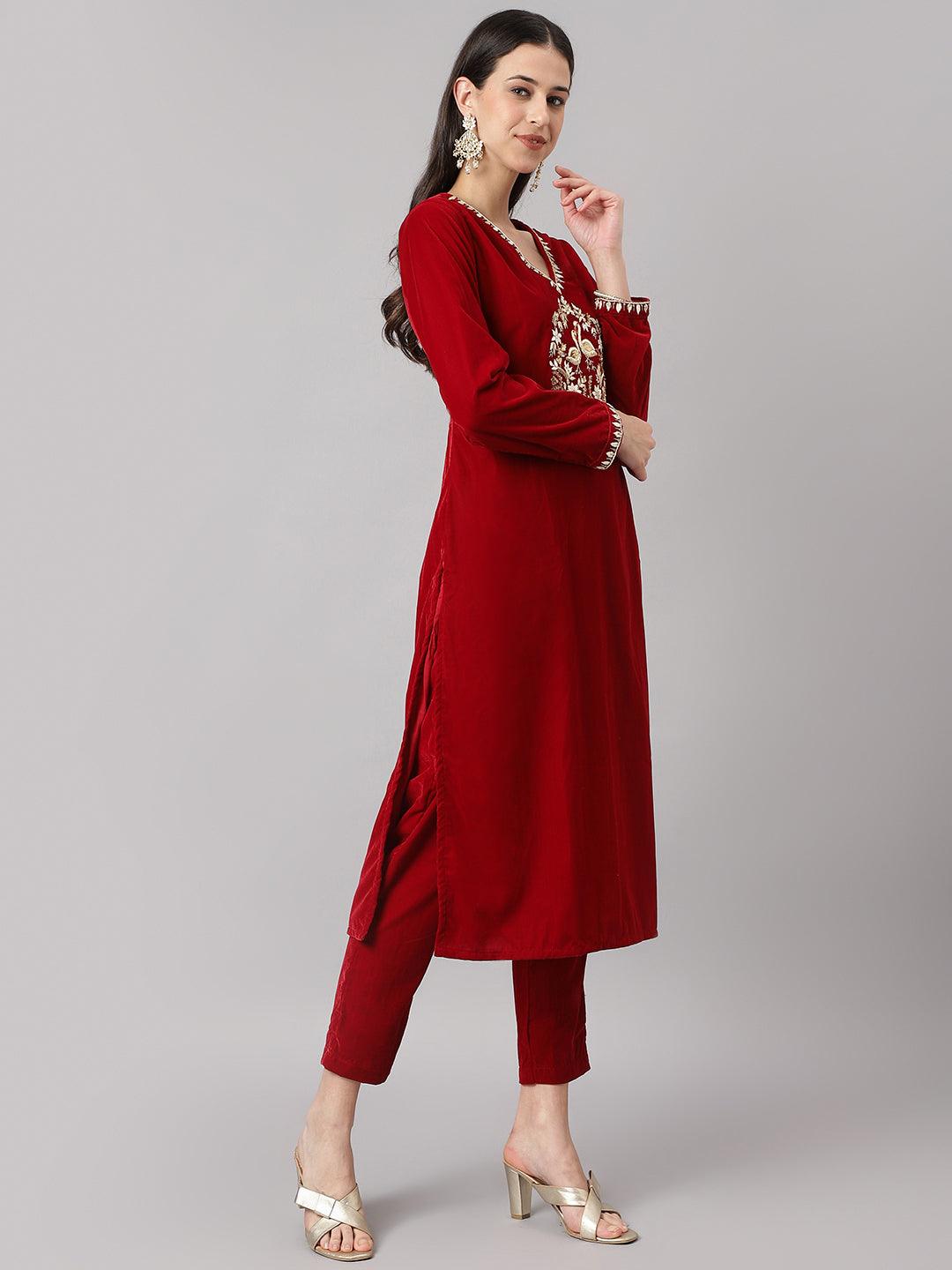   Maroon Solid Valvet hand work Kurta pant With Organza Dupatta set 