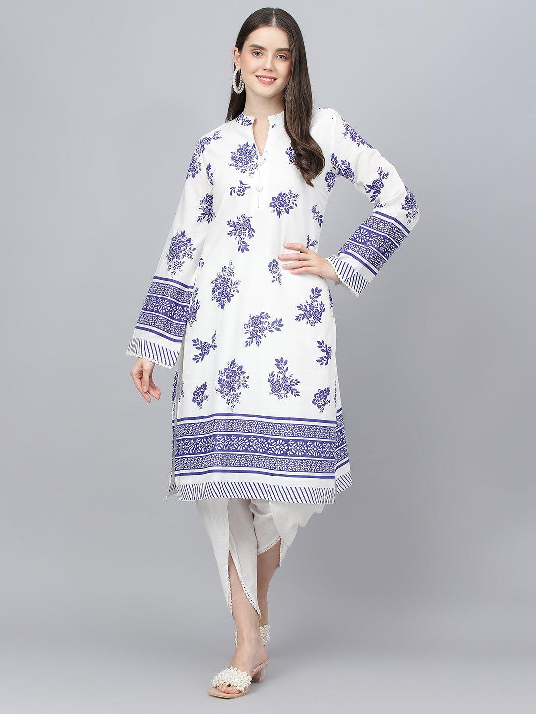  White Floral Printed Straight Kurta With tulip pant 