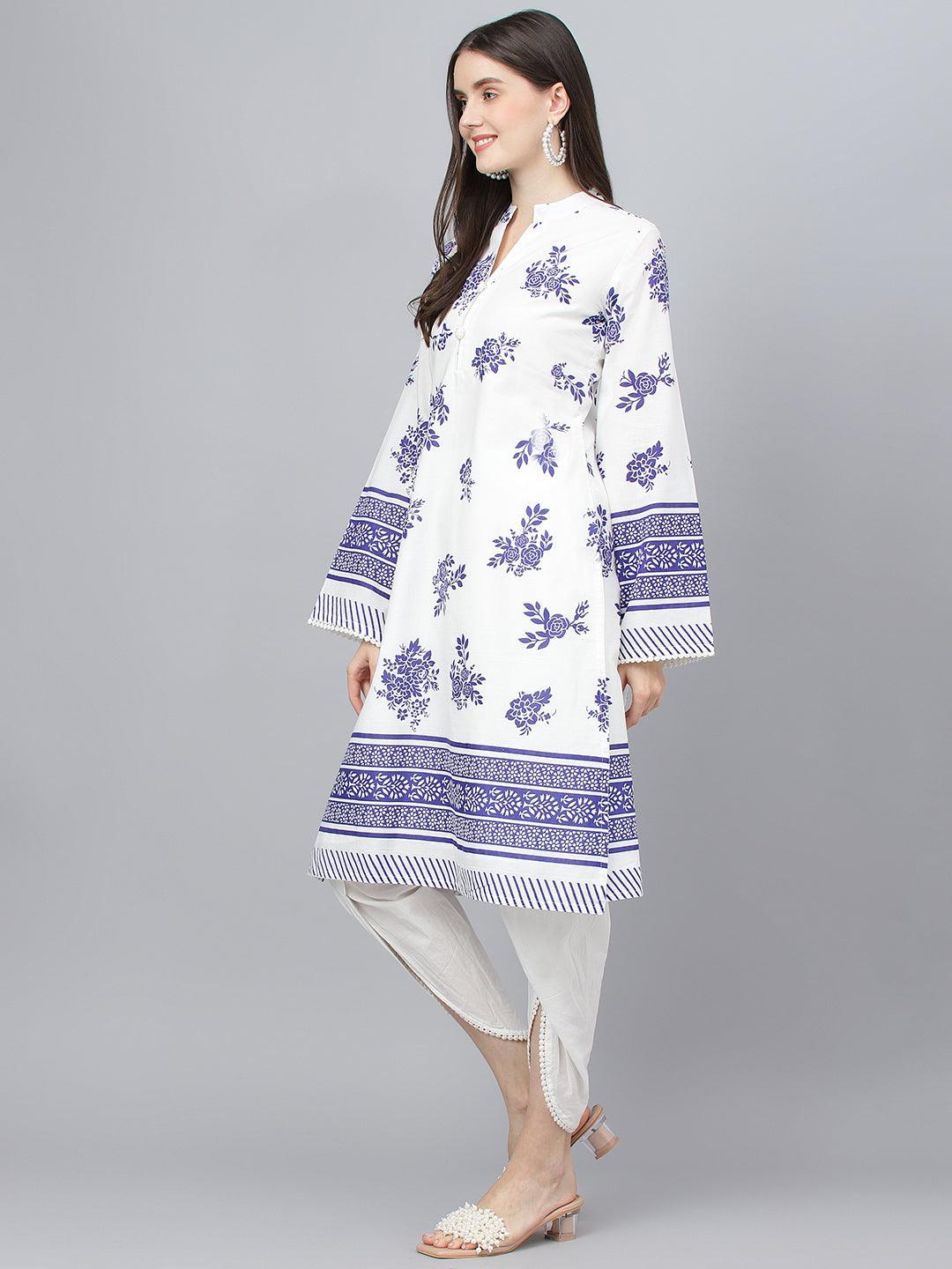 White Floral Printed Straight Kurta With tulip pant 