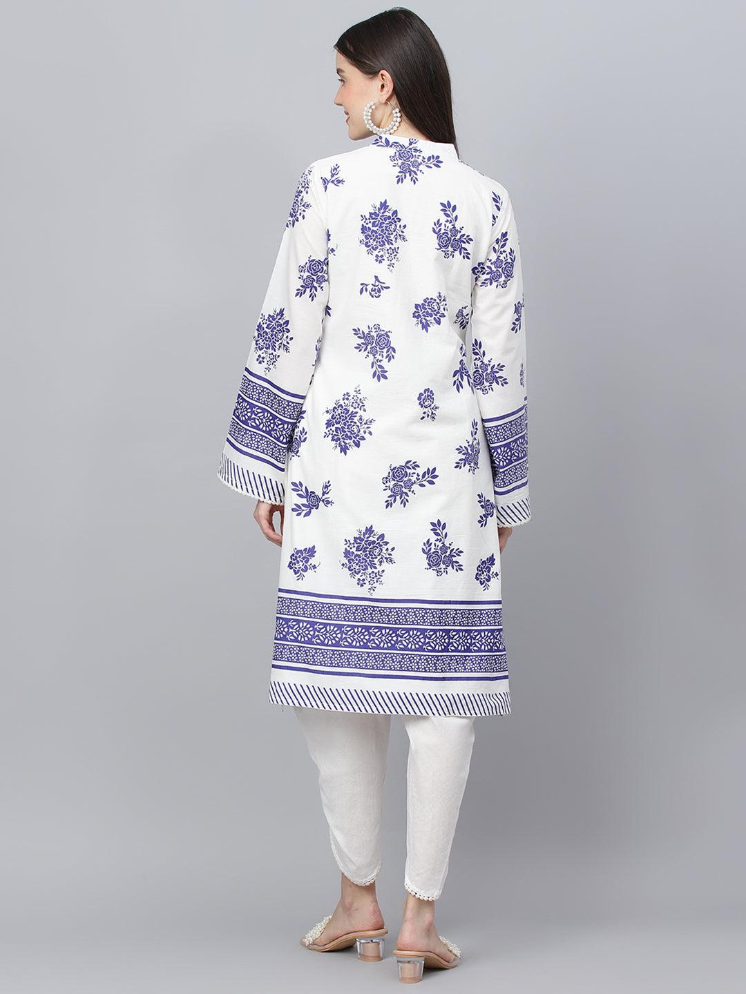  White Floral Printed Straight Kurta With tulip pant 