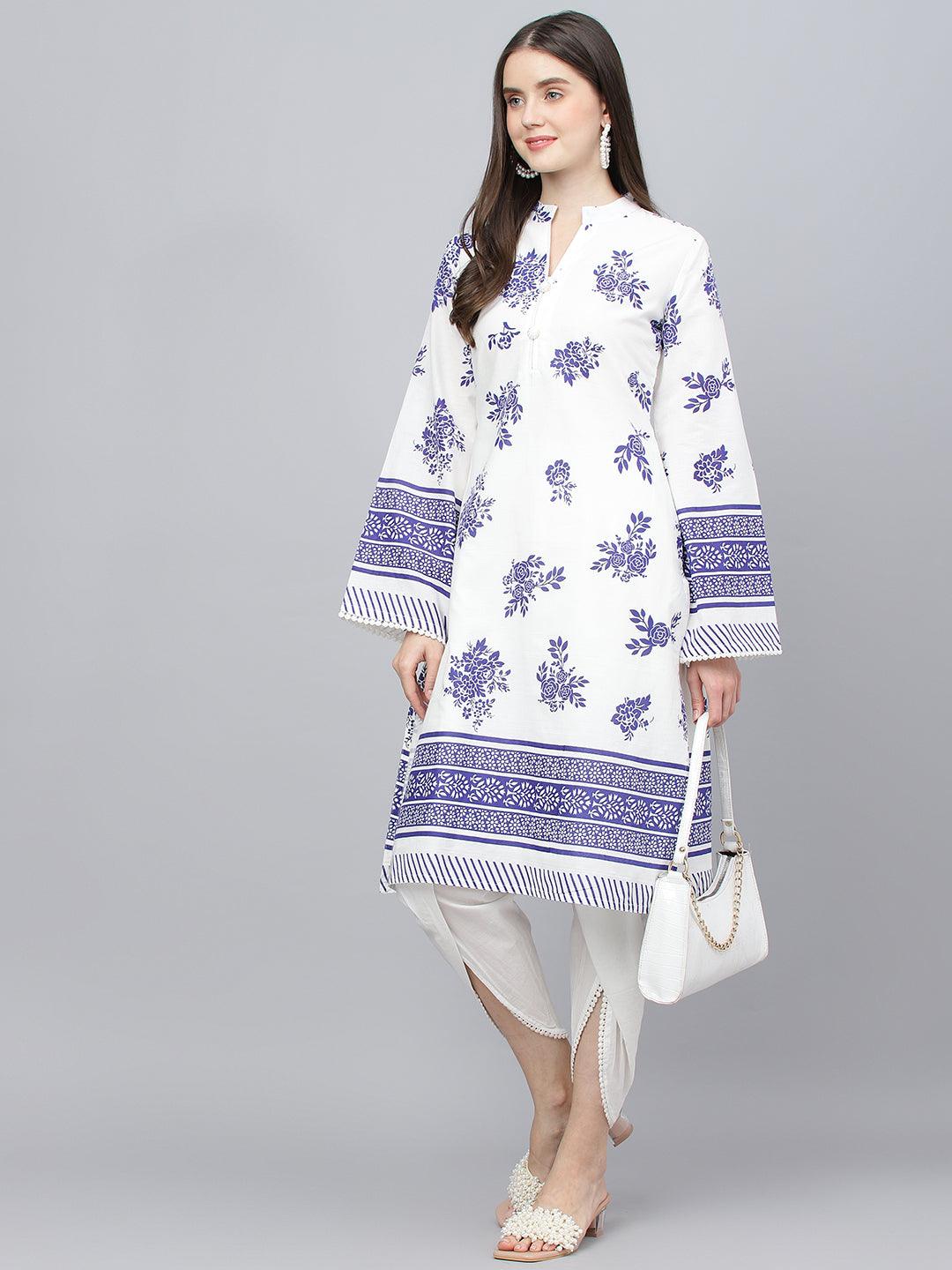  White Floral Printed Straight Kurta With tulip pant 